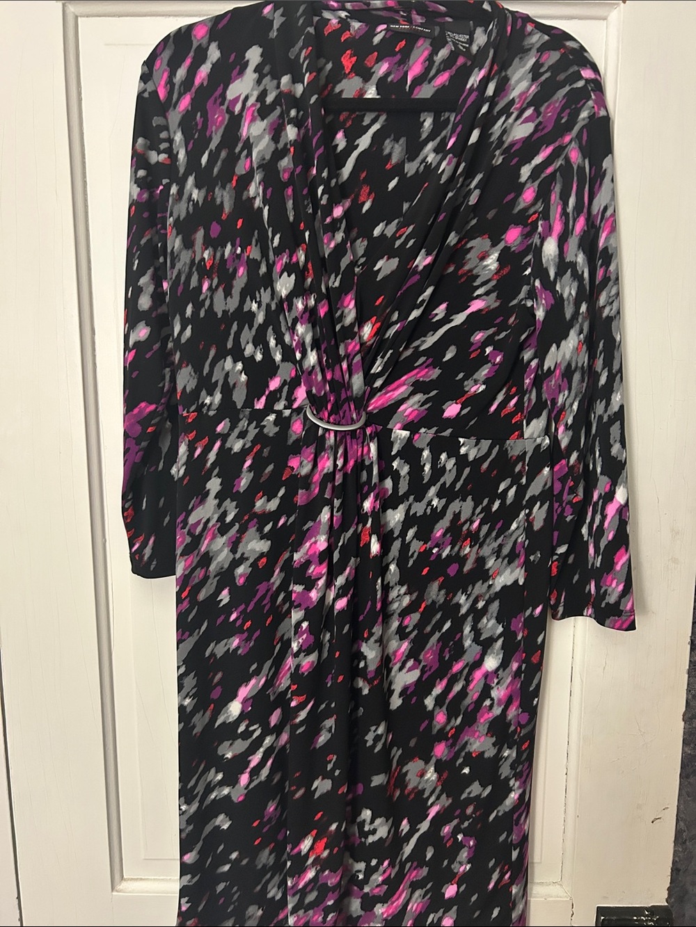 New York & Company  Y2KBlack Wrap Dress with Pink and Gray Abstract Print